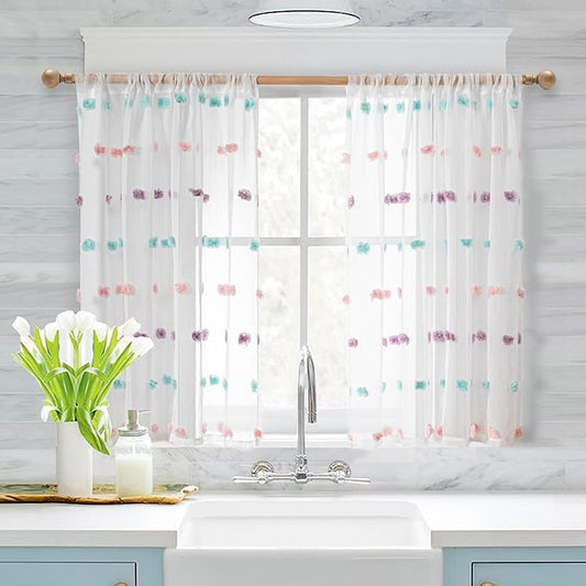 MYSKY HOME Kitchen Curtains - 45 Inch Long Small Rainbow Pom Pom White Boho Drapes for Bathroom, Cafe, Bedroom, Nursery & Girls Room - Rod Pocket - 2 Pieces - 37 x 45 Inch