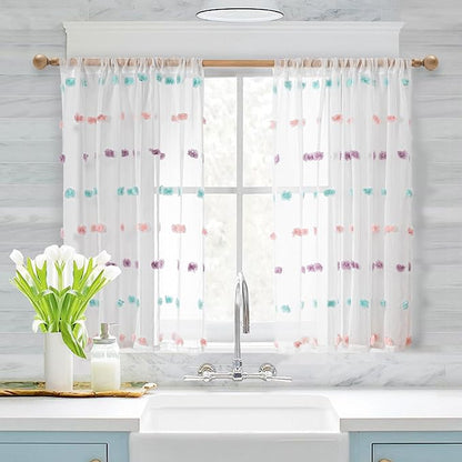 MYSKY HOME 54 Inch Rainbow Pom Pom Curtains - Short Boho Sheer Curtains for Bathroom, Nursery, Girls Bedroom - Rod Pocket - 2 Pieces - 52 x 54 Inch Length