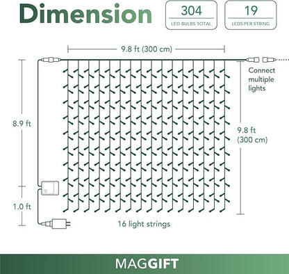 MAGGIFT 304 LED Curtain String Lights, 9.8 x 9.8 ft, 8 Modes Plug in Fairy String Light with Remote Control, Christmas, Backdrop for Indoor Outdoor Bedroom Window Wedding Party Decoration, Cool White