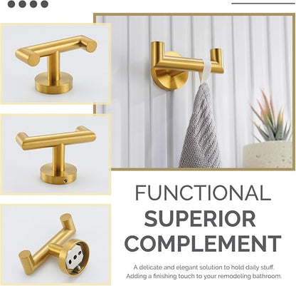 Angle Simple Bathroom Double Hook Brushed Gold, SUS304 Stainless Steel Bath Towel Holder, Double Robe Hanger Wall Mount