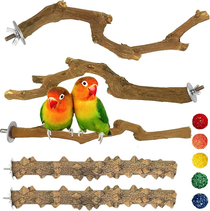 kathson 5pcs Natural Parrot Perch for Cage Wooden Bird Perches Grape Bird Stick Parakeet Climbing Standing Branches Toy Chewable Cage Accessories for Small Budgies Cockatiels Lovebirds Budgies-Mewly Pet