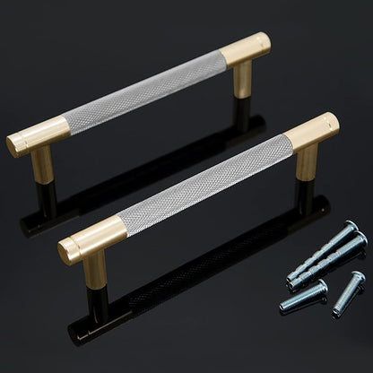 Knurled Cabinet Pulls 2 Pack, 6 Inch Long Cabinet Handles Metal Door Pulls, Kitchen Drawer Pull Knurled Dresser Handles - 5" Hole to Hole, Grey & Gold