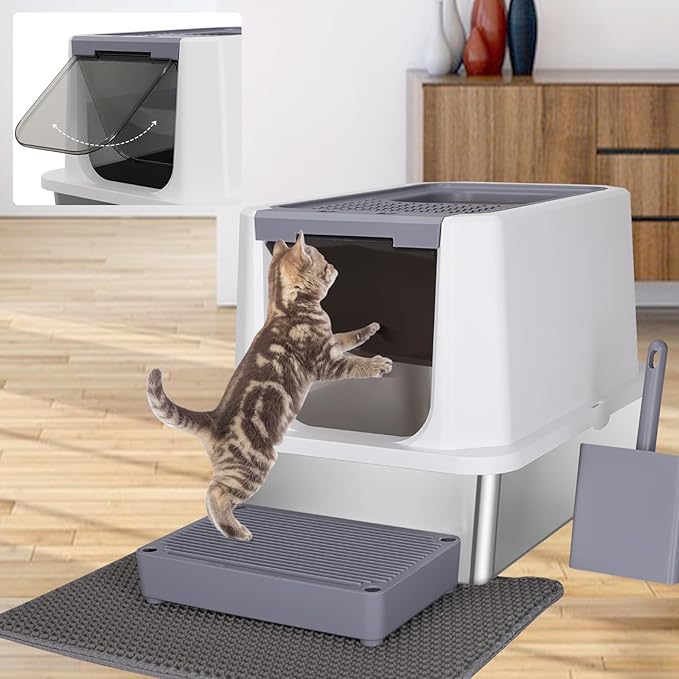 RIZZARI Stainless Steel Cat Litter Box, Odorless Enclosed Litter Box with Top Holes, Large Litter Pan for Small to Large Sized Cats (Light Gray, 23.8" L*15.9" W*16.1" H)-Mewly Pet