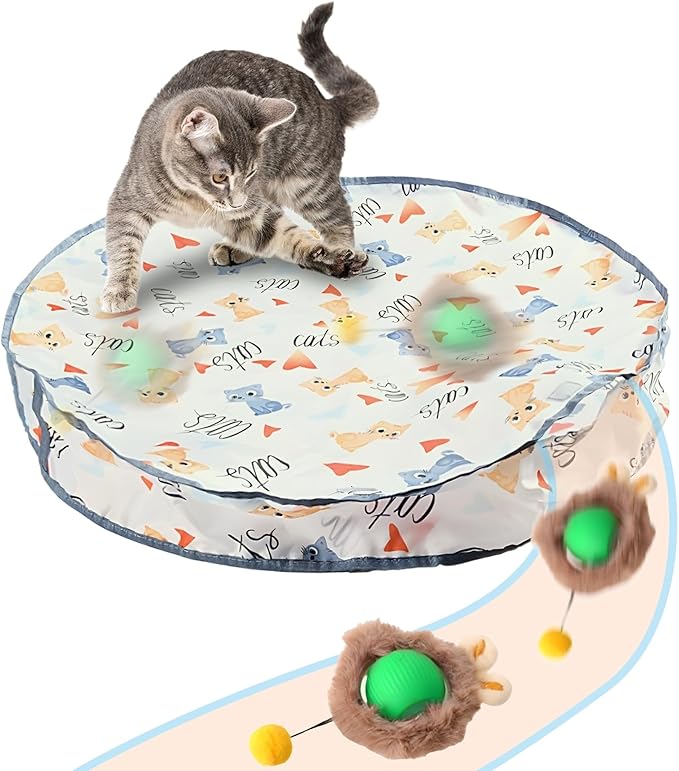 Rocfish Interactive Cat Toys Ball - Automatic Fast Rolling Ball in Play Mat, Hide and Seek Mouse Catching Game, Low-Noise Cat Enrichment Toys in Pouch for Indoor Bored Cats (Green Toy & Round Mat)-Mewly Pet