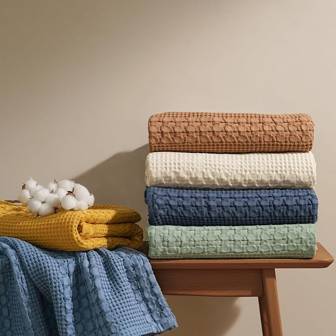 PHF 100% Cotton Waffle Weave Blanket Twin Size for Bed, Soft Lightweight & Breathable, All-Season Comfort, Luxury Aesthetic Woven Bedding for Home Decor, 66"x90", Natural