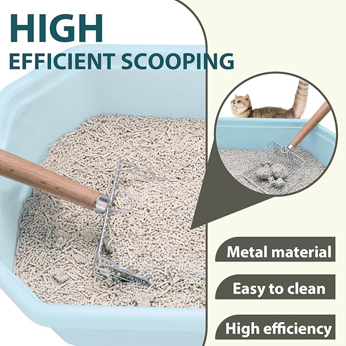 Cat Litter Scoop, Kitty Metal Scooper with Hook and Long Hole, Stainless Steel Kitten Poop Lifter for Litter Box, Non Stick, Durable and Heavy Duty Sifter for Easy Clean-Mewly Pet