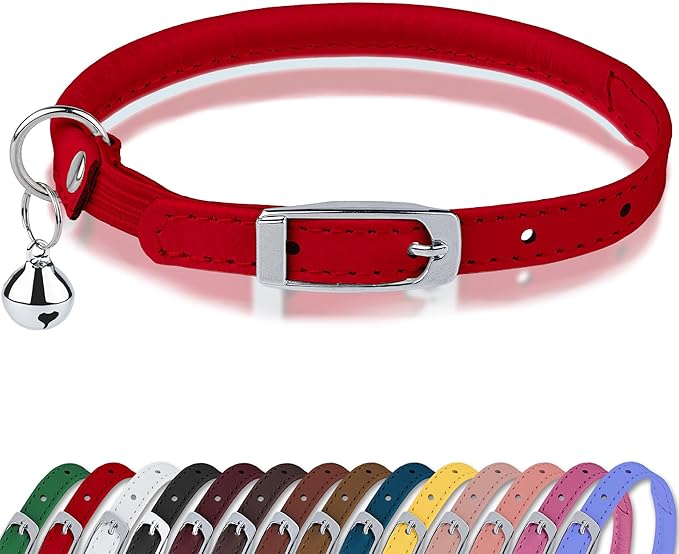 OOPSDOGGY Rolled Leather Cat Collar with Bell, Reflective Kitten Collars with Buckle Include Safety Elastic Strap - Adjustable Small Pet Collars for Boy Girl Cats (Red)-Mewly Pet