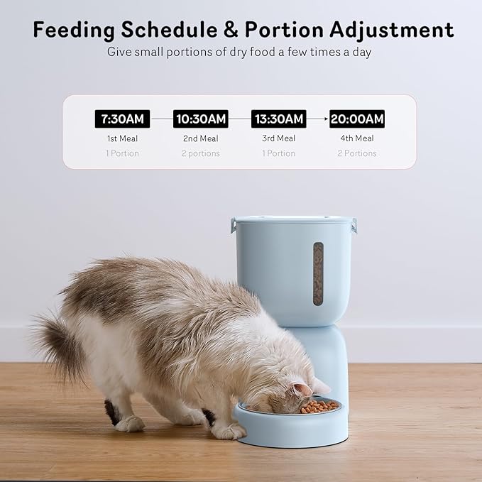 Automatic Cat Feeder and Water Dispenser FW1, Wire or Battery Cat Food Dispenser Timer Pet Feeder - Locking Lid, Desiccant Bag, Programmable Portion Control, 4 Daily Meals, 10s Voice Recorder-Blue-Mewly Pet