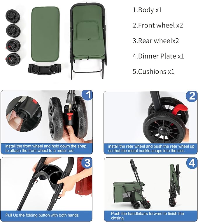 Pet Stroller Cat Dog Stroller Travel Folding Pet Carriers（Green）-Mewly Pet