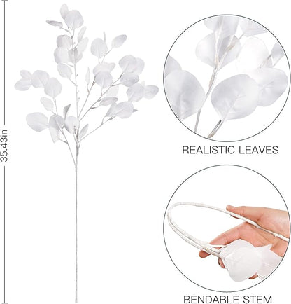 Sggvecsy 6 Pcs Eucalyptus Leaves Artificial Eucalyptus Stems Long Silver Dollar Leaves Faux Leaf Branches Fake Silk Eucalyptus for Spring Summer Home Festival Thanksgiving Christmas Decor (White)