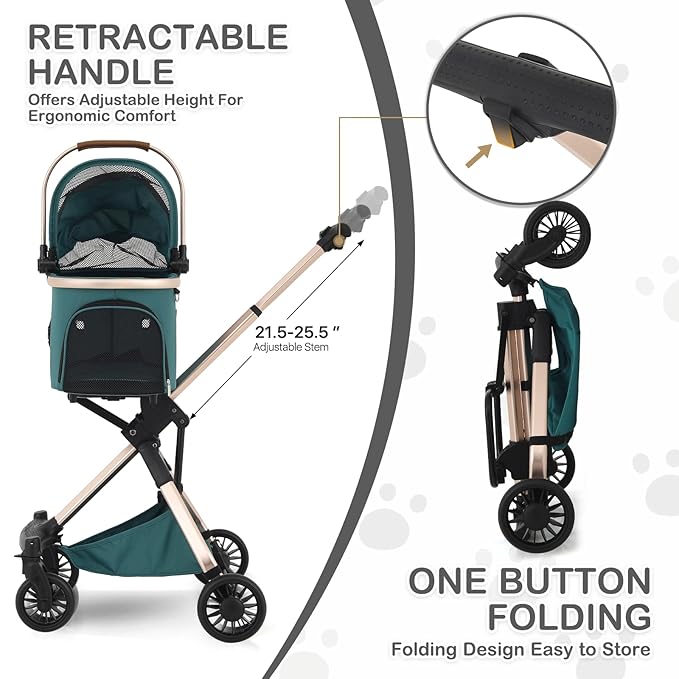 MoNiBloom 3 in 1 Pet Stroller with Adjustable Handle, Jogging Stroller w/Detachable Carrier & Lightweight Aluminum Frame for Dogs Cats, Hunter Green-Mewly Pet