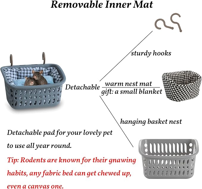 JWShang Rat Hammock for Cage, Chew Proof Hanging Basket Bed with Sturdy Hooks, Pet Cage Accessories, Safe Cozy Small Animal Rodent Hammock for Sugar Glider Mice Snuggling Sleeping-Mewly Pet