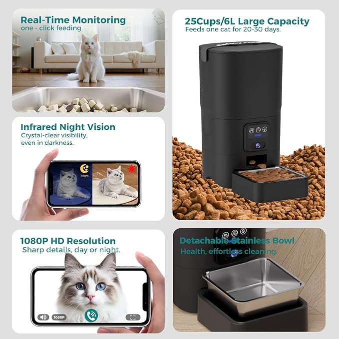 Automatic Cat Feeder,Camera 1080P HD - 6L Pet Feeder, 2.4/5G WiFi Smart App Control, Bluetooth Assist Link,Wide-Angle Lens,Automatic Feeder for Small and Medium-Sized Pets-Mewly Pet