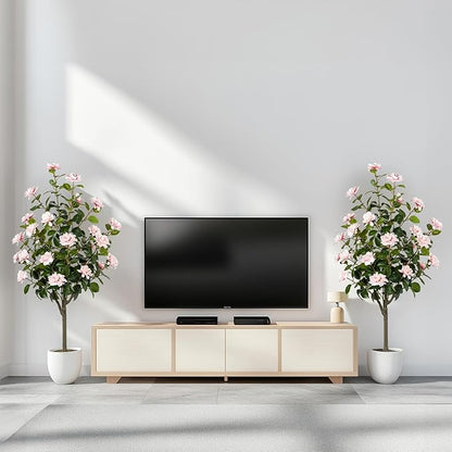 Artificial Camellia Tree 2 Pack, Artificial Plants Outdoor Faux Floral Plant in Cement Pot Fake Silk Camellia Tree Plants for Home House Living Room Office Decor