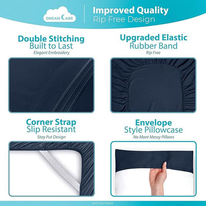 DREAMCARE Queen Sheet Set – 6 pcs Cooling Bed Sheets – up to 21” Deep Pocket Queen Sheets Set – 2500 Supreme Collection – Extra Soft 100% Brushed Microfiber Hotel Luxury with Side Pocket – N Blue