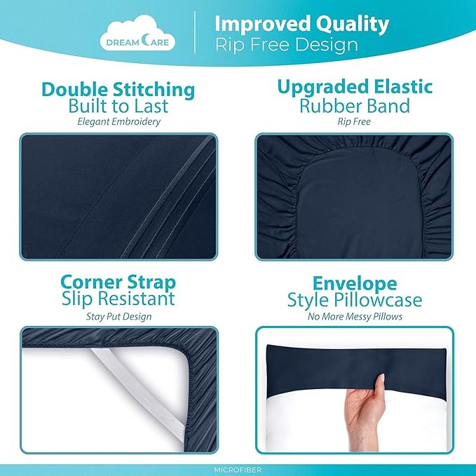 DREAMCARE Queen Sheet Set – 6 pcs Cooling Bed Sheets – up to 15” Deep Sheets Queen Size Bed Set – 2500 Supreme Collection – Extra Soft 100% Brushed Microfiber Hotel Luxury with Side Pocket – N Blue