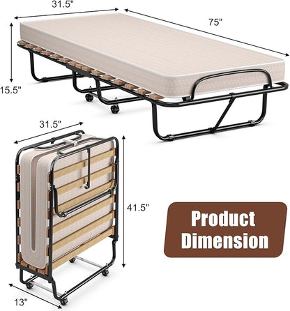 Giantex Folding Bed with Mattress, Rollaway Guest Bed w/ 4 Inch Memory Foam Mattress, Sturdy Metal Frame, Portable Bed Cot Size Easy to Store, Foldable Beds for Adults, Made in Italy
