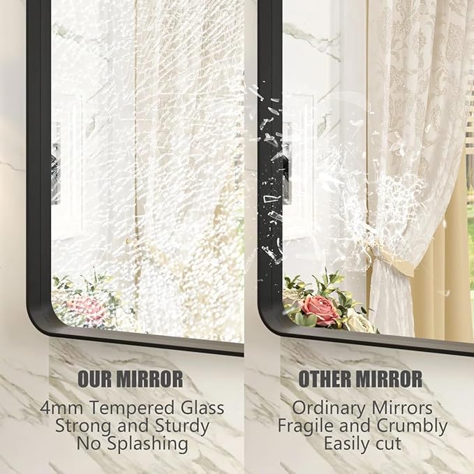 48x36 Matte Black Bathroom Mirror, Modern Rectangle Metal Framed Mirrors for Wall, Rounded Corners, Shatter-Proof (Horizontal/Vertical)