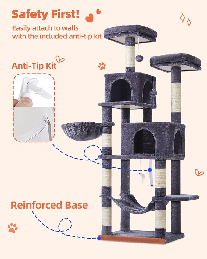 Taoqimiao Cat Tree, 66.2-Inch Cat Tower for Indoor Cats, Plush Multi-Level Cat Condo with 7 Scratching Posts, 2 Perches, 2 Caves, Hammock, 2 Pompoms, Smoky Gray MS013G-Mewly Pet