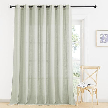 RYB HOME Linen Blended Curtains for Dining Room Nursery, Semi Transparent Privacy Protection Airy Elegant Boho Semi Sheer Drapes for Glass Door, W 100 inch x L 108 inch, Sage Green, 1 Pc