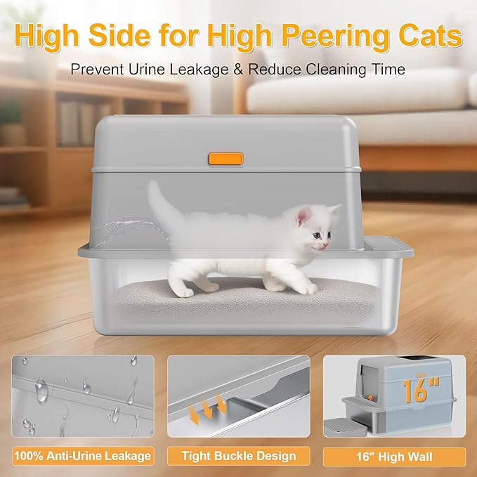 Stainless Steel Litter Box with Lid, 20L Metal Enclosed Litter Box for Big Cat, Flip-Top Design with Anti-Leakage High Sides, Large Cat Lovers Gifts (#1 Gray)-Mewly Pet