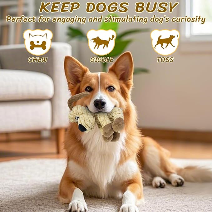 Squeaky Stuffed Dog Toys, Chew Toy for Large Medium Small Breeds, Plush Dog Toys to Keep Them Busy, Puppy Teething Dog Toy, Crinkle Dog Toy (Khaki Dog)-Mewly Pet