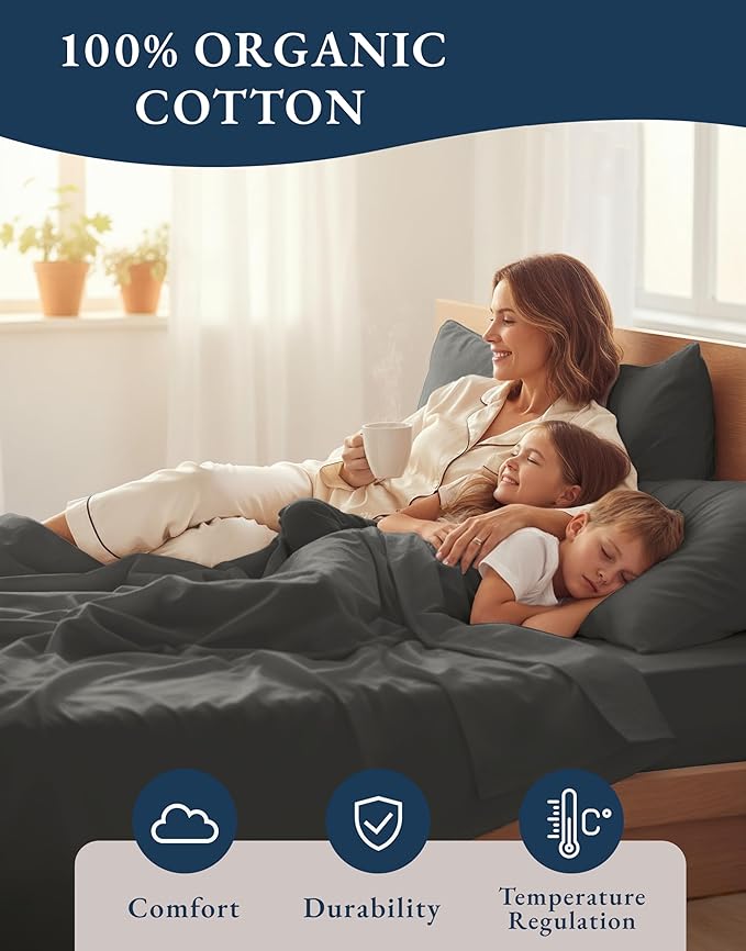 LANE LINEN Sustainably Produced 100% Organic Cotton Queen Size Bed Sheets, Soft & Comfy Naturally Cooling Percale Cotton Sheets, Low Pill Fade Resistant 15" Deep Pocket Queen Sheets– Charcoal