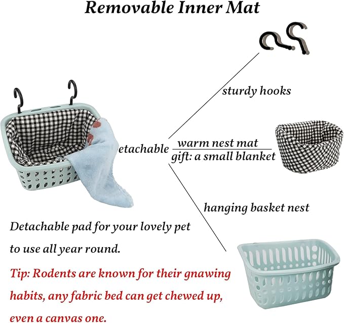 JWShang Rat Hammock for Cage, Chew Proof Hanging Basket Bed with Sturdy Hooks, Pet Cage Accessories, Safe Cozy Small Animal Rodent Hammock for Sugar Glider Mice Snuggling Sleeping (Blue, Large)-Mewly Pet