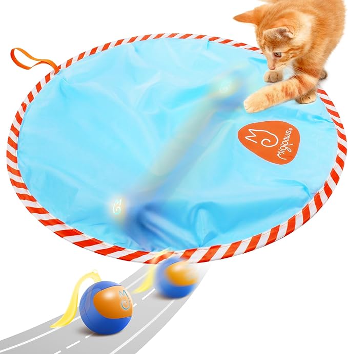 Migipaws Interactive Cat Ball Toy Set, Fun Tracker, Glowing Chase Ball with MystiChaser Pouch, Fluffy Tail, A Small Mice(Blue)-Mewly Pet