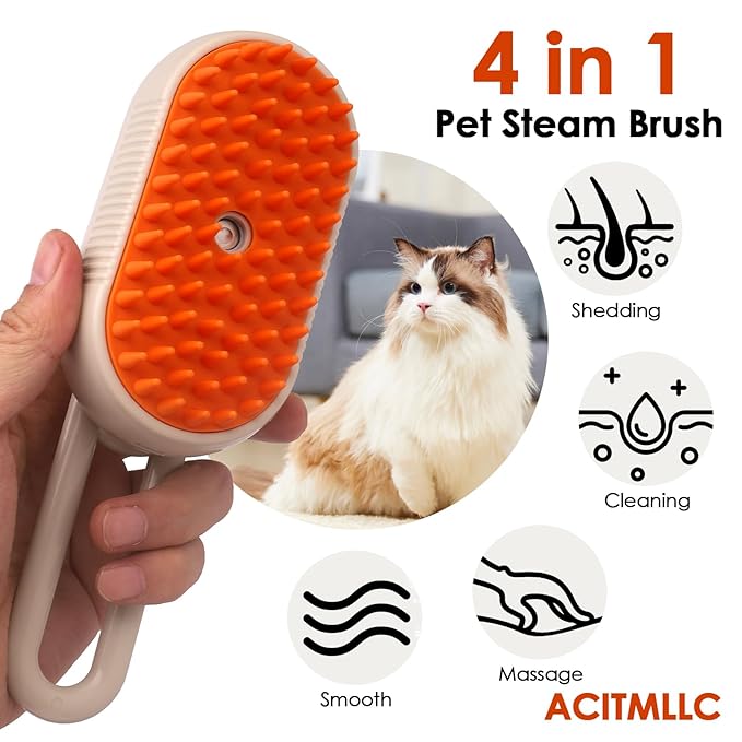 Cat Steam Brush for Shedding & Deshedding - 4-in-1 USB Rechargeable Pet Hair Removal Comb with Water Tank, for Indoor Long/Short Haired Cats & Dogs, Grooming Massage & Cleaning (Khaki)-Mewly Pet