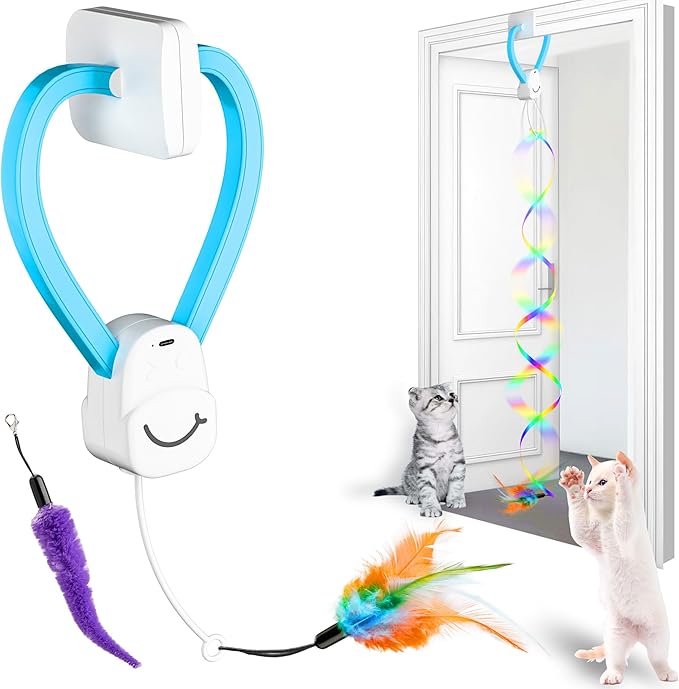 Interactive Cat Toys for Indoor Cats,Enrichment Stimulation Toys, Electric Hanging Door Clip Ribbon Kitty Toy,Automatic Play Chase Exercise Feather Toys for Bored Indoor Adult & Kitten Cats-Mewly Pet