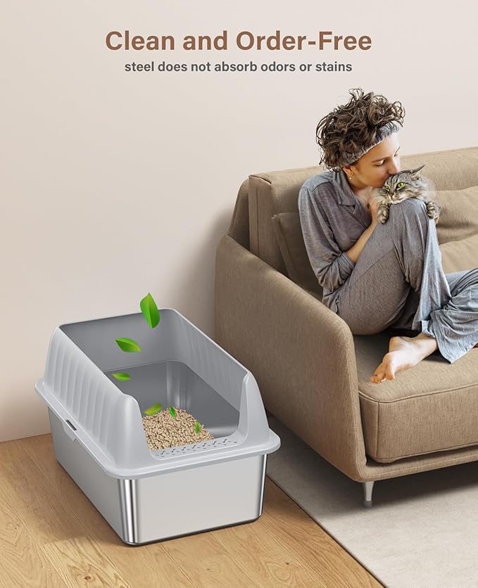 Cat Litter Box Stainless Steel XL with Lid, Enclosed Metal Extra Large Litter Box Pan High Sided with Scoop for Big Cats, Non-Sticky, Anti-Urine Leakage, Easy Cleaning-Mewly Pet