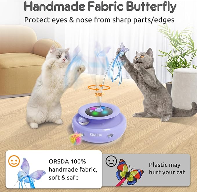ORSDA Cat Toy, 3-in-1 Automatic Interactive Electronic Moving Ambush Feather, Fluttering Butterfly, Track Balls, USB Rechargeable Powered Smart Indoor Exercise Kicker-Mewly Pet