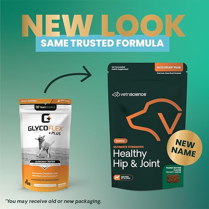 VetriScience Ultimate Strength Healthy Hip & Joint Chews, GlycoFlex Glucosamine, Chondroitin & Green-Lipped Mussel Joint Support Supplement for Dogs, Soothe Joint Discomfort, Peanut Butter, 120 Count-Mewly Pet