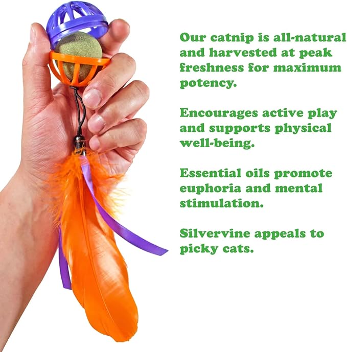 Meowijuana Whack 'n' Roll Compressed Catnip Ball with Cage | Purple Passion | Interactive Cat Toy with Feather | Potent Hand Harvested Catnip Grown in North America-Mewly Pet