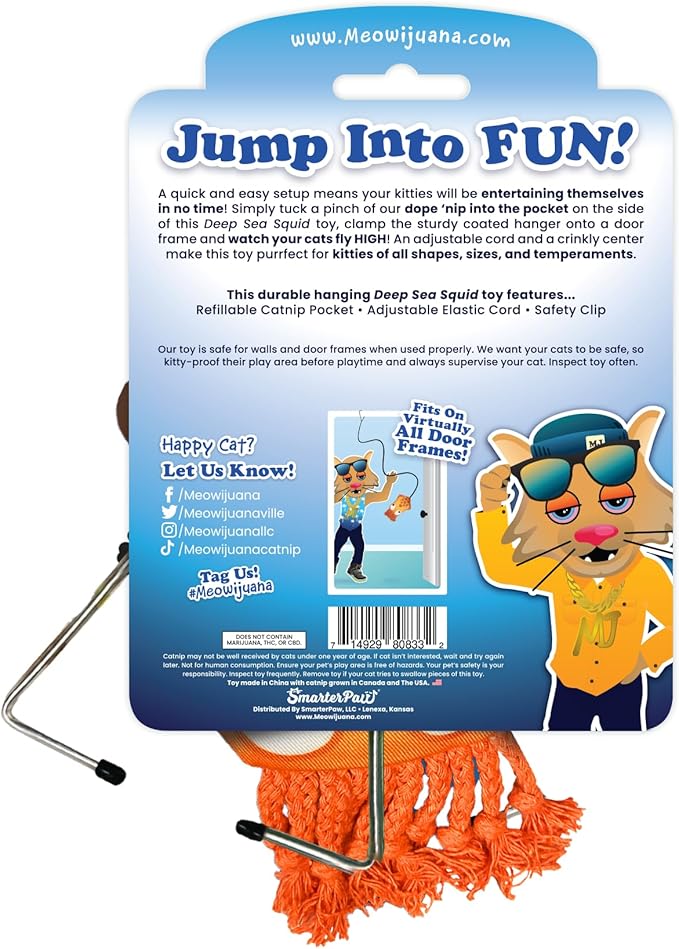 Meowijuana Jump 'n' Jamb Door Hanging Cat Toy | Deep Sea Squid | Refillable Interactive Catnip Toy | Promotes Play and Cat Health | Includes Potent Catnip Grown in North America-Mewly Pet