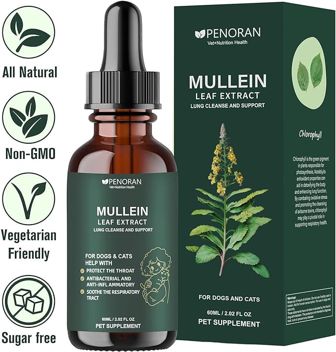 Pet Mullein Leaf Extract Drops for Dogs & Cats Hoarseness, Cough, Easy Breathing, Lung Cleanse and Support, Better Lungs, Soothes Throat Discomfort - ﻿100% Natural and Efficient ﻿ ﻿-Mewly Pet