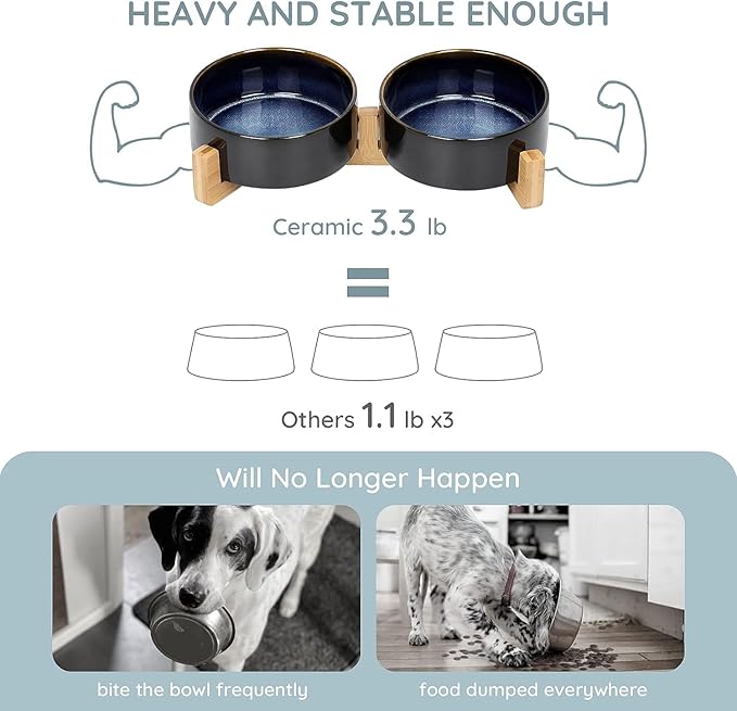 SPUNKYJUNKY Ceramic Dog and Cat Bowl Set with Wooden Stand, Modern Cute Weighted Food Water Set for Small Size Dogs (13.5OZ) & Medium Sized Dogs (28.7OZ) & Cats (1.7 Cups, 2 × Starry Blue)-Mewly Pet