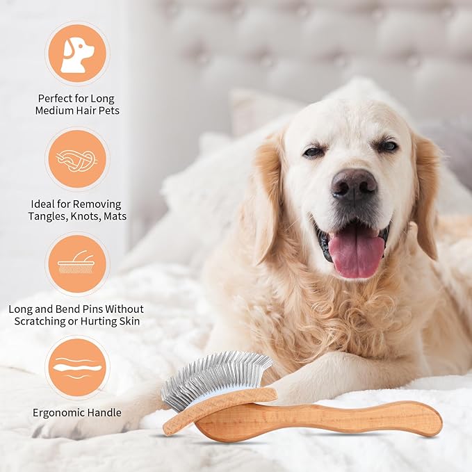 Dog Slicker Brush for Shedding and Grooming Medium or Long Haired Cats, Extra Long & Soft Pin Slicker Brush for Removes Loose Hair, Tangles, Knots, Undercoat, Free Pet Comb, Large, Oak-Mewly Pet