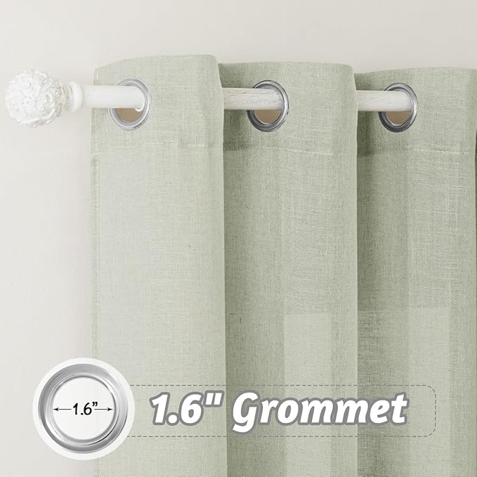 RYB HOME Linen Blended Curtains for Dining Room Laundry Room, Grommet Semi Transparent Wrinkle-Resistant Privacy Vintage Semi Sheer Panels for Nursery, Sage Green, W 60 x L 95 inches, 1 Pc