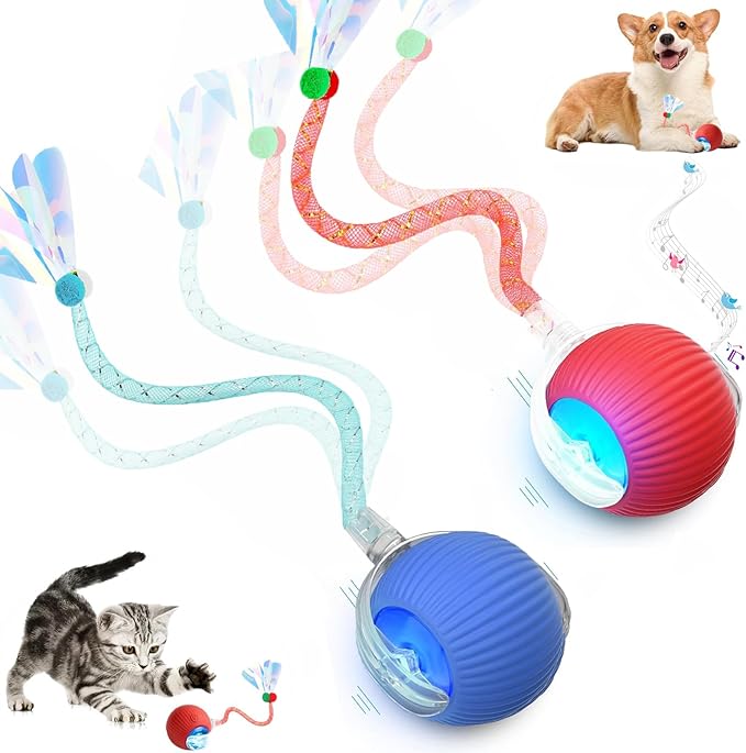 2 Packs Speed 2.0 Tail Interactive Cat Toys for Indoor Cats, Chirping & Motion Activate Cat Toy, Smart Kitten Rolling Ball Moving Ball Toys, Rechargeable Dog Cats Bal l for Enrichment Exercise-Mewly Pet