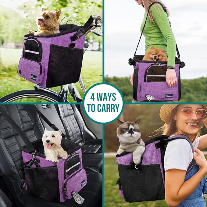 PetAmi Dog Bike Basket, Soft-Sided Ventilated Dog Bike Carrier Backpack, Pet Bicycle Basket for Bike Handlebar, Small Medium Puppy Cat Kitten Car Booster Seat with Safety Strap, Max 18 lbs, Purple-Mewly Pet