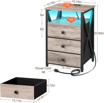 AMHANCIBLE Night Stand Set 2, LED Nightstand with Charging Station, End Side Tables with USB Port & Outlet, Bedside Table with 3 Fabric Drawers for Bedroom Living Room, Greige, HET053LGY