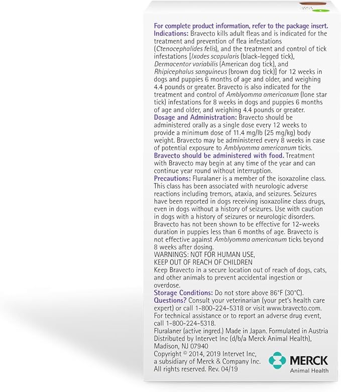 BRAVECTO Chew for Dogs, Flea & Tick, 1 Chew, 12 Week Supply, 22-44 lbs., Green Box-Mewly Pet