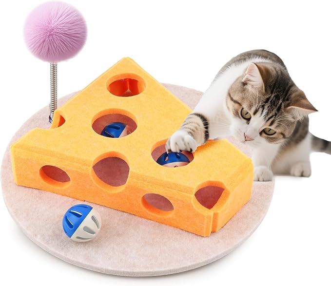 Interactive Cat Puzzle Toy for Indoor Cats & Kittens - Fun Track Balls & Spring Teaser in Stimulating Felt Puzzle Box (Yellow) - Mental Enrichment Game-Mewly Pet