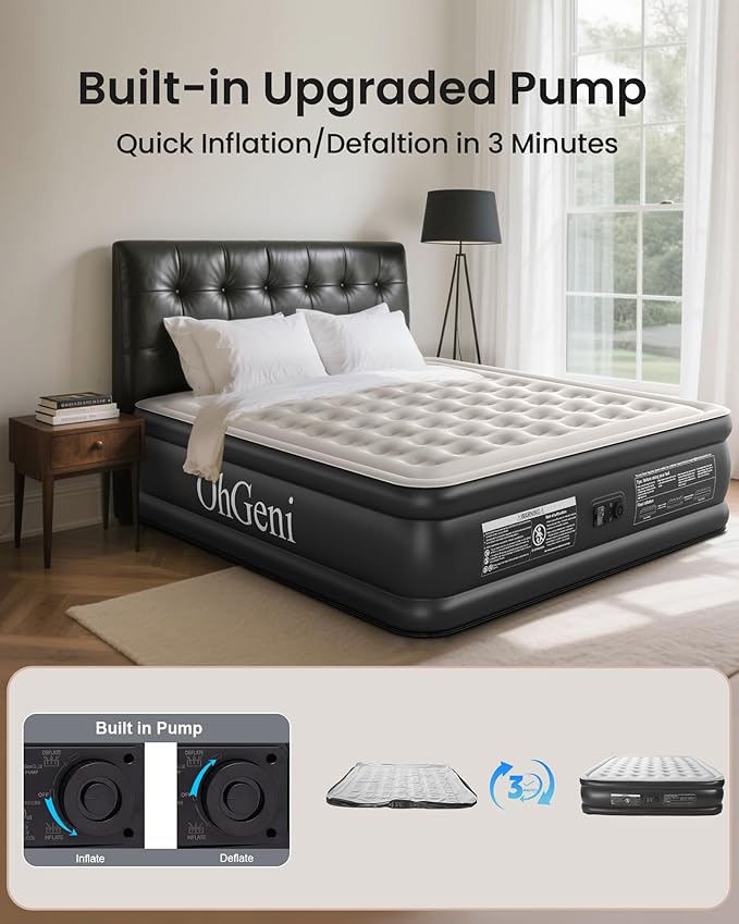 OhGeni King Air Mattress Family Choice Award with Built-in Pump,18'' Comfortable Blow Up Colchones Inflables Mattress for Home,Guests, Portable Air Bed for Adults, Airbed Supports Up to 700 lbs,Black