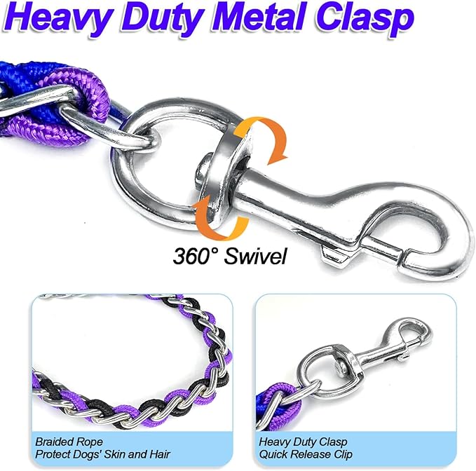 Dog Leash Rope Chain, Nylon Rope Metal Chain for Pet Leads. 6ft Heavy Duty Chew Proof Training Walking for Medium Large Dogs. (Medium, Purple&Black)