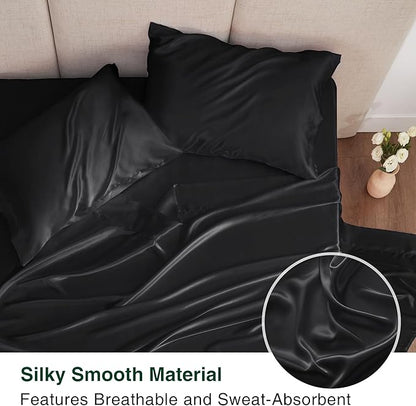 Love's cabin Full Size Satin Sheet Sets - 4 Piece Black Silky Sheet Set with Deep Pocket, Luxury Silk Feel Bed Sheets Full Bedding Set (1 Flat Sheet,1 Fitted Sheet,2 Pillow Cases)
