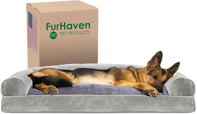 Furhaven Pillow Dog Bed for Large Dogs w/ Removable Bolsters & Washable Cover - Faux Fur & Velvet Sofa - Smoke Gray, Jumbo/XL-Mewly Pet