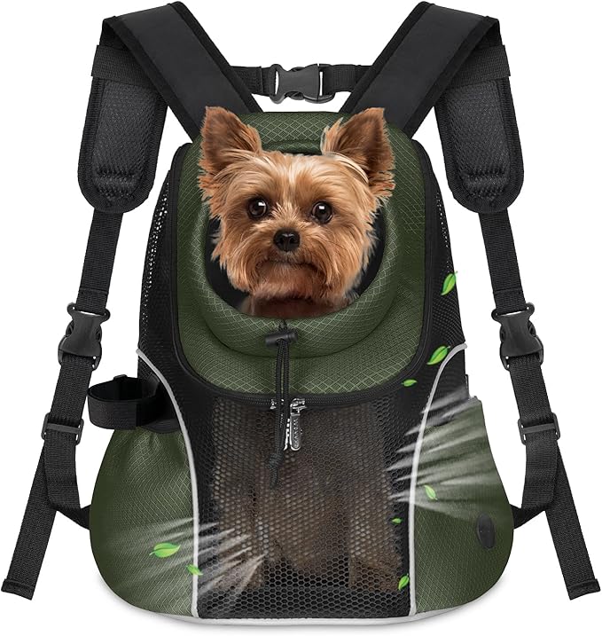 WOYYHO Pet Dog Carrier Backpack Small Dog Front Backpack Ventilated Mesh Dog Travel Back Pack with Safety Belt for Travel Hiking Cycling Outdoor Adventures (Size M: 5-9 lbs, Army Green)-Mewly Pet